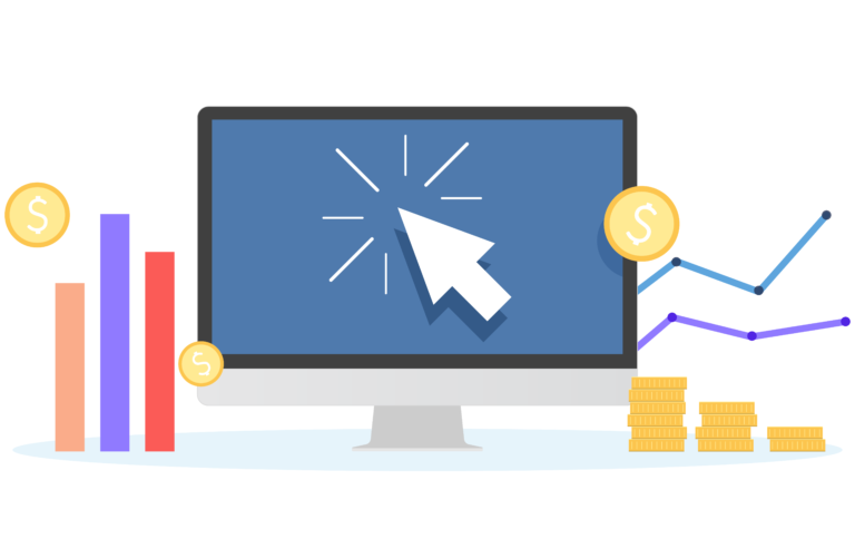 Graphs and dollar signs with a mouse cursor clicking on a computer screen